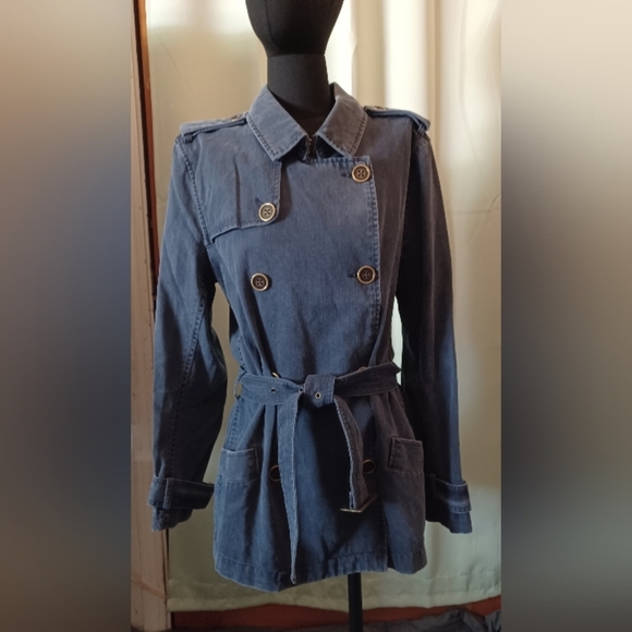 An Old Navy Women's Double-Breasted Denim Trench Coat Peacoat - Picture 7 of 14
